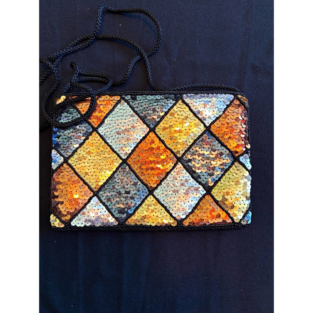 Dancin Sequin Diamond Pattern Small Zip Crossbody Bag w/ Detachable Strap